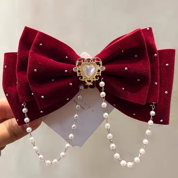 1pc New French-Style Vintage Wine Red Velvet Bow Imitation Pearl Pendant 3D Hair Clip, Women's Hair Accessory for Daily Use and Christmas New Year Holiday Styling