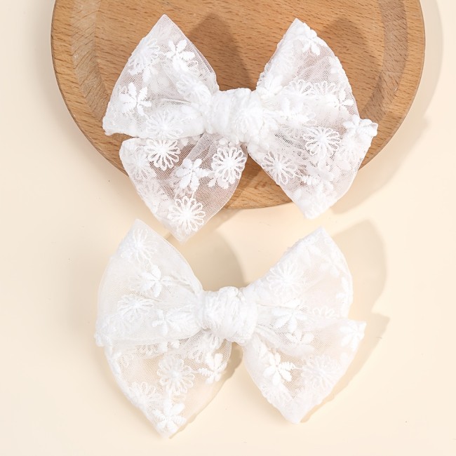 2pcs White Lace Bow Hair Clips for Mesh Embroidery Flowers Hair Bow Clips Elegant Hair Additions for Daily Party Wear