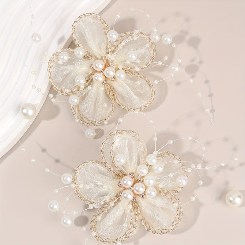 2pcs Charming Floral Hairpins for Women Beige White Mesh Hair Clips Boutique Barrettes with Faux Pearl Chains Boutique Hair Additions for Weddings Formal Events
