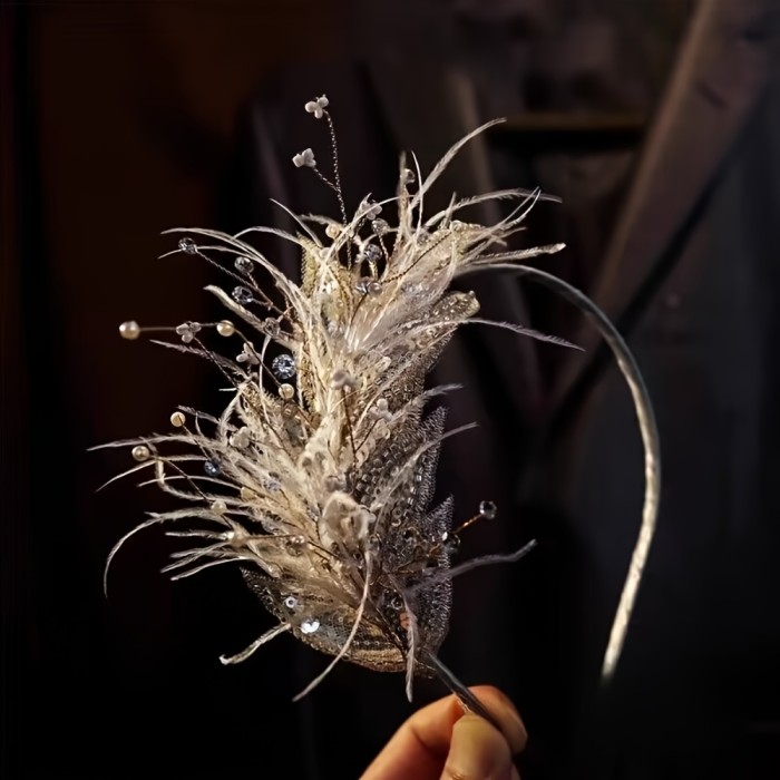 1pc High-End European And American Super Wedding Bride Headdress Embroidery Feather Headband Rhinestone Wedding Dress Headwear Studio Styling