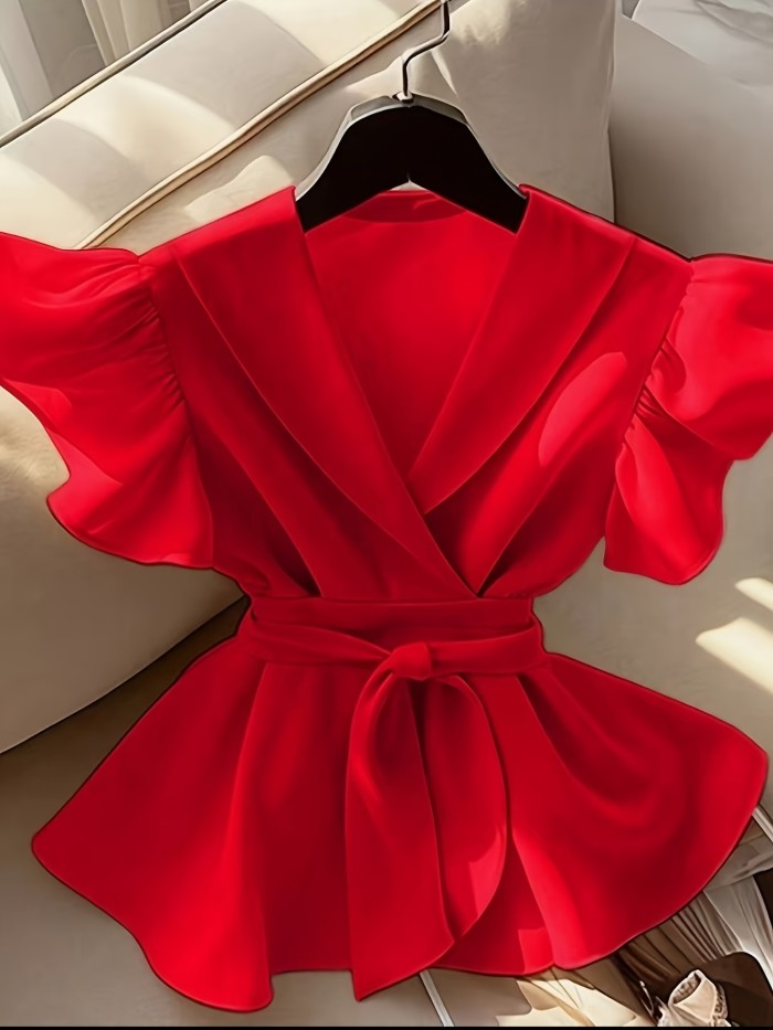 Women'S Blouse, Ladies Elegant V-Neck Solid Ruffled Sleeve Fashion Shirt with Belt