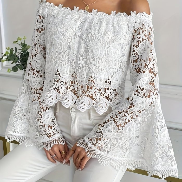 Lace Off-Shoulder Top Elegant Off-Shoulder Women's Top - New Spring Summer Solid Lace Flared Sleeve