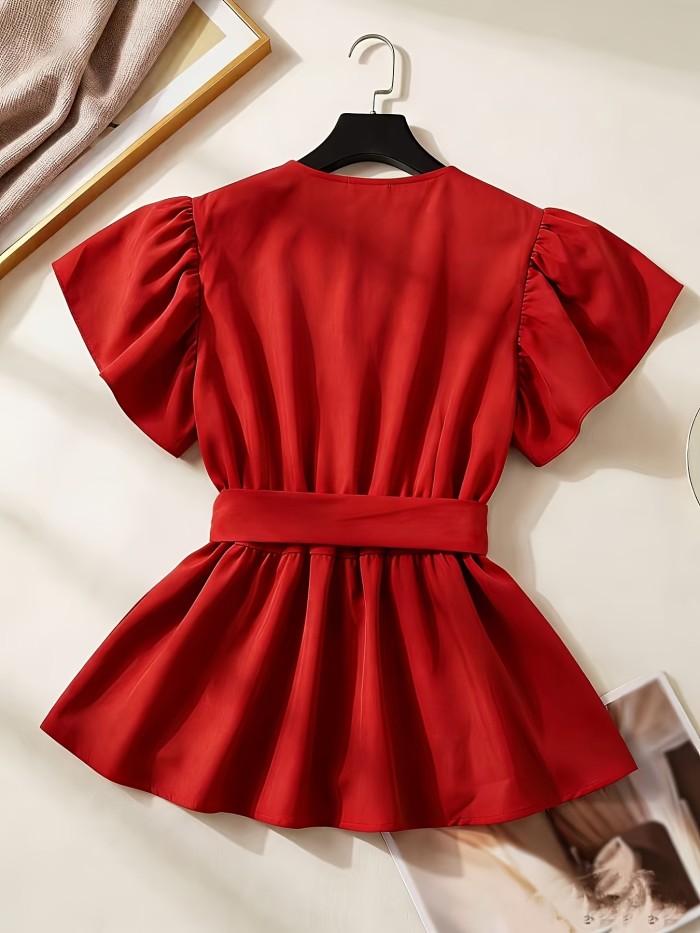 Women'S Blouse, Ladies Elegant V-Neck Solid Ruffled Sleeve Fashion Shirt with Belt