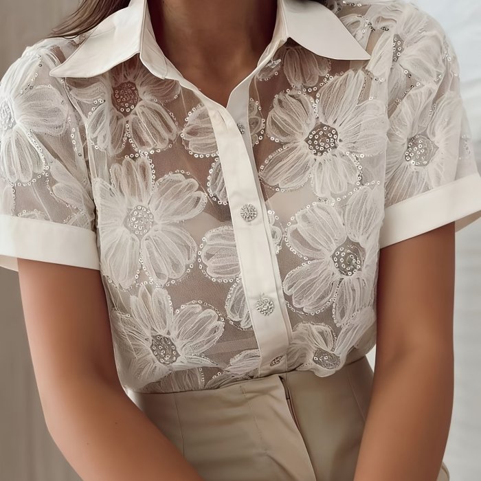 Women'S Fashion Sequined Embroidered Floral Semi-Sheer Short Sleeve Blouse