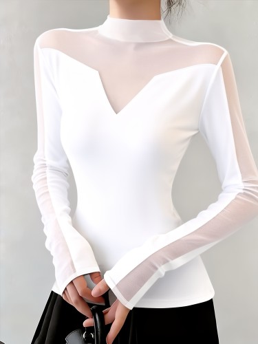 Women's Sexy V-Neck White Mesh Patchwork Designer Slim-Fit Flattering Versatile Long-Sleeve Stand-Collar Pullover T-Shirt Top