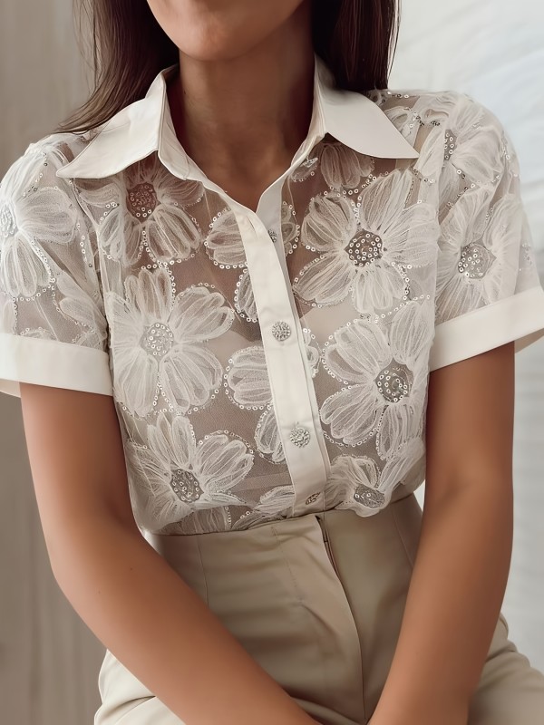 Women'S Fashion Sequined Embroidered Floral Semi-Sheer Short Sleeve Blouse