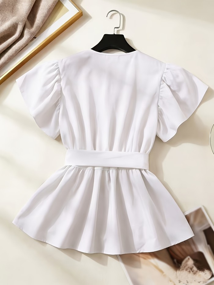 Women'S Blouse, Ladies Elegant V-Neck Solid Ruffled Sleeve Fashion Shirt with Belt
