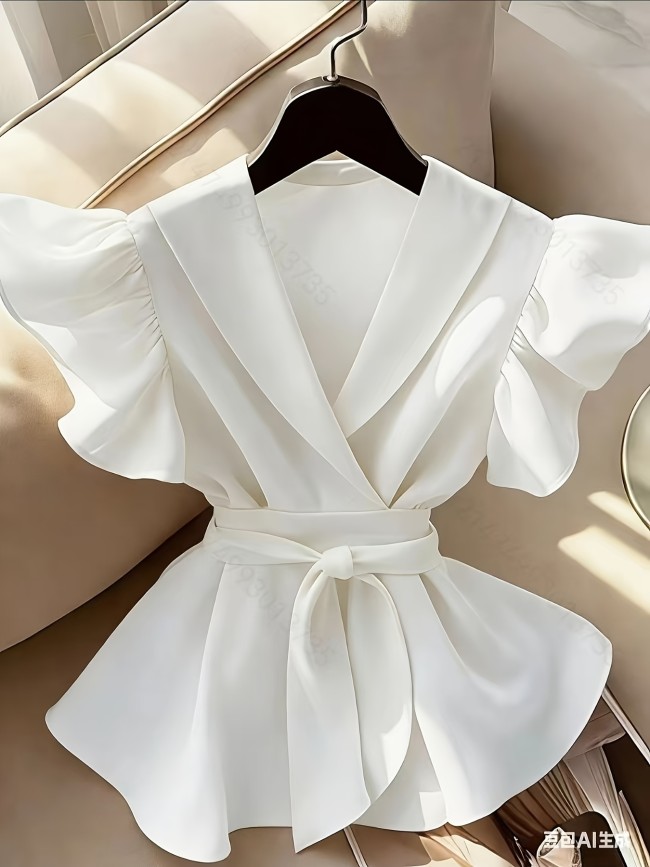 Women'S Blouse, Ladies Elegant V-Neck Solid Ruffled Sleeve Fashion Shirt with Belt