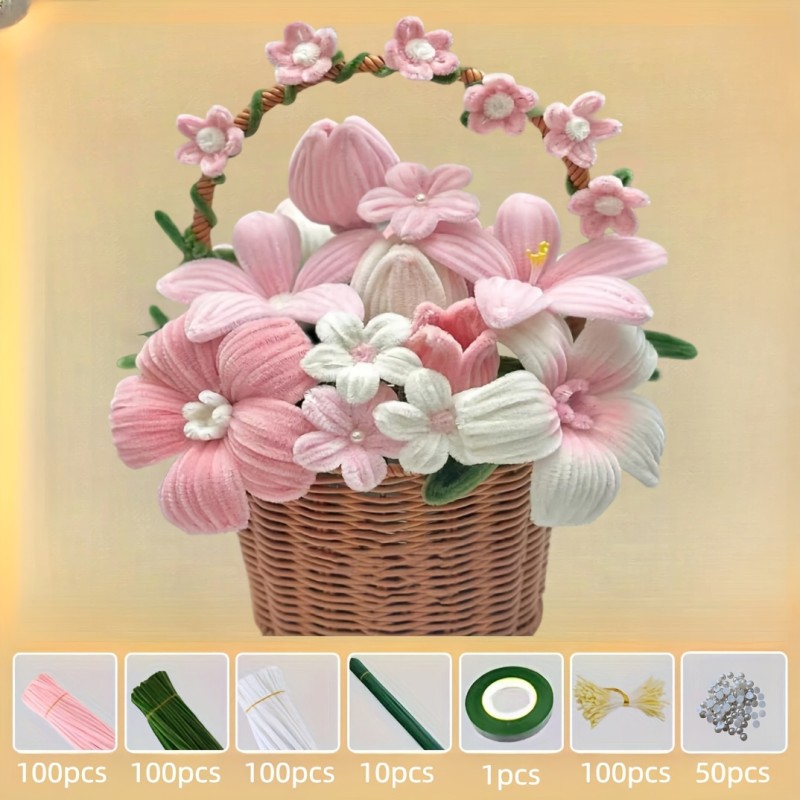 Pipe Cleaner Flowers Peach Fairy Pink Twist Stick Handmade Material Pack, Thickened Pipe Cleaner, Contains 100 Twist Sticks of Each of Three Colors, 10 Flower Stems, 1 Roll of Floral Tape, 100 Flower Stamens, 50 Pearl Slices