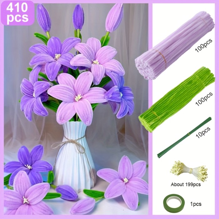 410pcs Multicolor Lily Twist Stick Pipe Cleaner Craft Kit Chenille Handmade Project Suitable for Mother'S Day, Graduation Gift