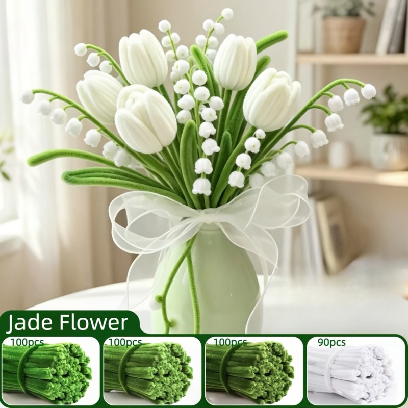 390pcs White Jade Flower Handmade Material Pack, Twisty Helper Thickened Pipe Cleaner, Craft Creation, Includes 4 Colors of Flower Stems, Suitable for Yard Decoration, Living Room Ornament, Mother'S Day Gift, Perfect Choice for Party Decor