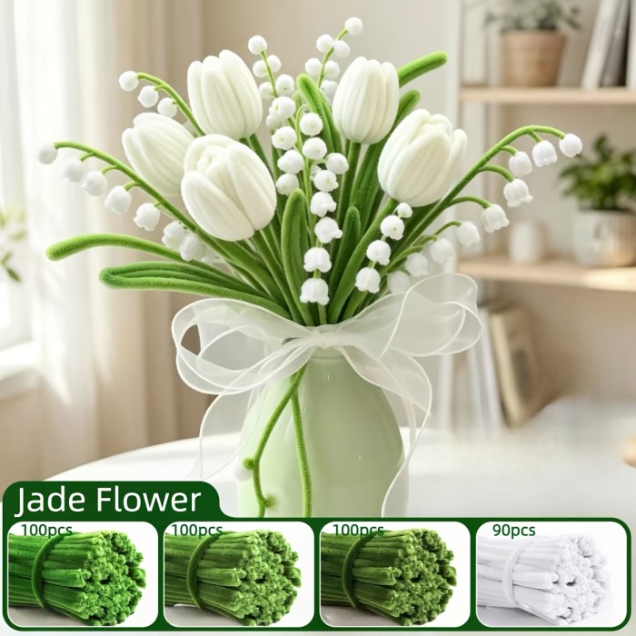 390pcs White Jade Flower Handmade Material Pack, Twisty Helper Thickened Pipe Cleaner, Craft Creation, Includes 4 Colors of Flower Stems, Suitable for Yard Decoration, Living Room Ornament, Mother'S Day Gift, Perfect Choice for Party Decor