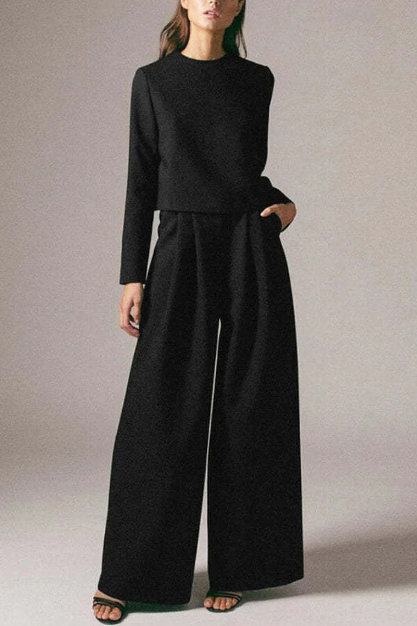 Solid Color Crew Neck Long-sleeved Cropped Top and Casual Pocket Wide-leg Pants Set