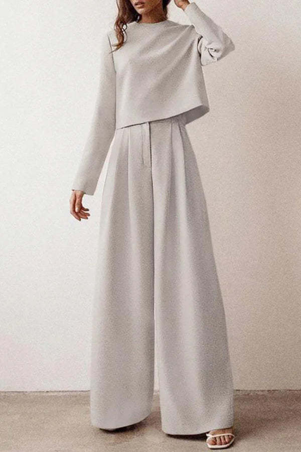 Solid Color Crew Neck Long-sleeved Cropped Top and Casual Pocket Wide-leg Pants Set