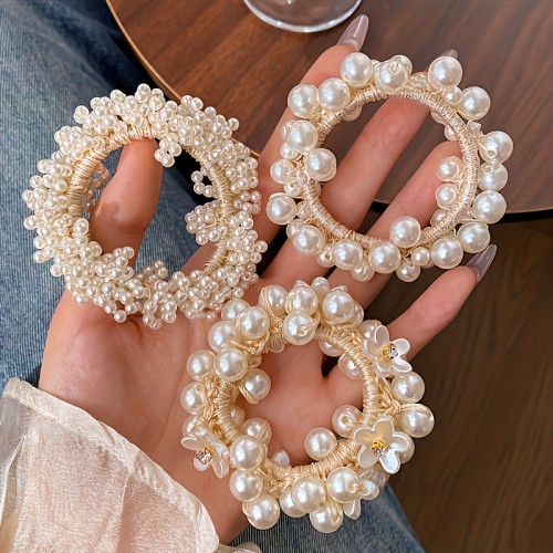 3pcs Temperament Pearl Flower Hair Tie Korean Style Hair Additions Headwear Internet Celebrity New Style Tie Hair Rubber Band Ponytail Hair Rope