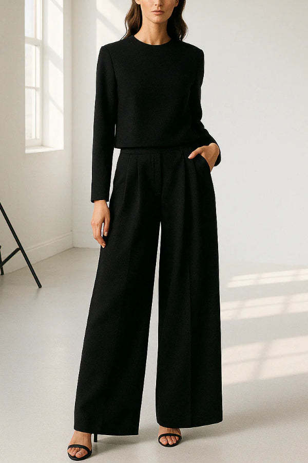 Solid Color Crew Neck Long-sleeved Cropped Top and Casual Pocket Wide-leg Pants Set