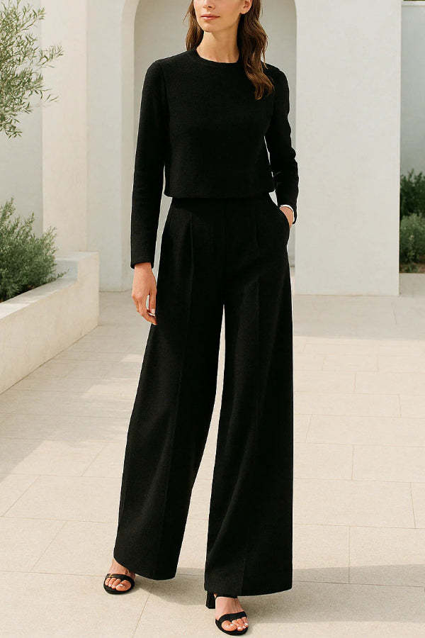 Solid Color Crew Neck Long-sleeved Cropped Top and Casual Pocket Wide-leg Pants Set