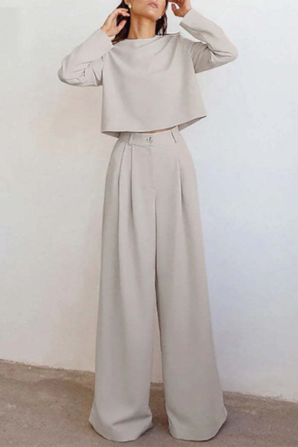 Solid Color Crew Neck Long-sleeved Cropped Top and Casual Pocket Wide-leg Pants Set