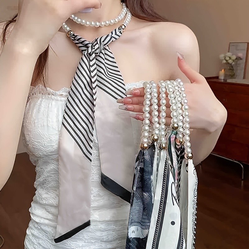 1pc French Retro Necklace Scarf Women Spring Summer Gentle Temperament Ribbon Hair Band All-Match Small Scarf Tassel Neck Chain
