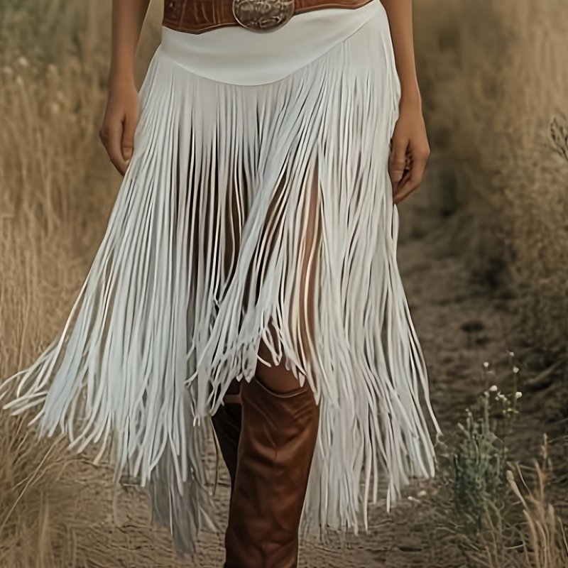 Retro Western Skirt Retro Western Wind Ladies Tassel Low Waist Fashion Spring and Summer Skirt (no Belt)