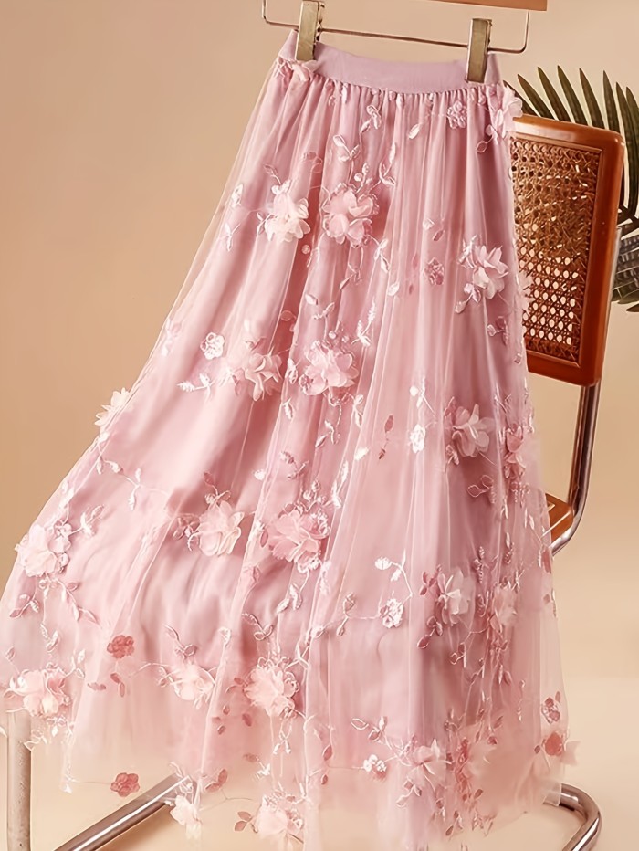 ✨3D Floral Embroidered Tulle Maxi Skirt 🌸