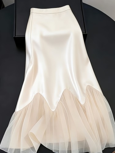 Temperament Niche Light Luxury Unique Design Sense Beautiful Mesh Stitching Satin Skirt