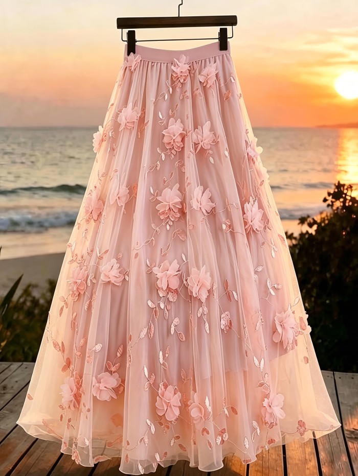 ✨3D Floral Embroidered Tulle Maxi Skirt 🌸
