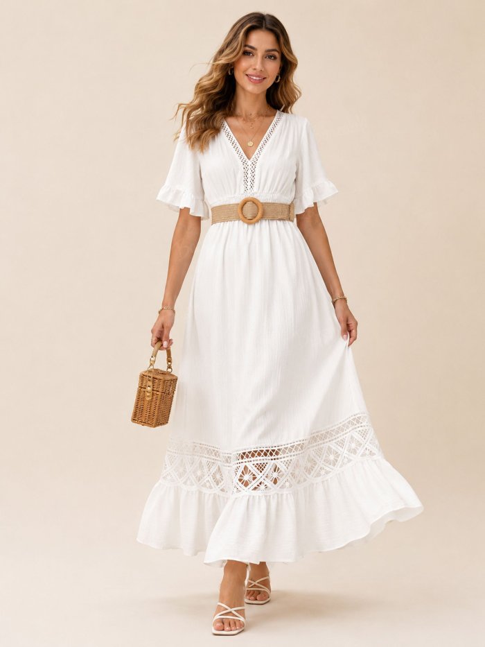 Perfect For A Beach Vacation — 2026 Spring Summer Pure White Deep V-Neck Lace Maxi Dress(No Belt)