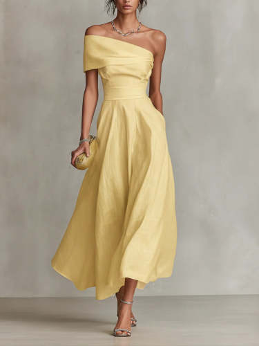 Elegant Yellow One-Shoulder Neckline Dress