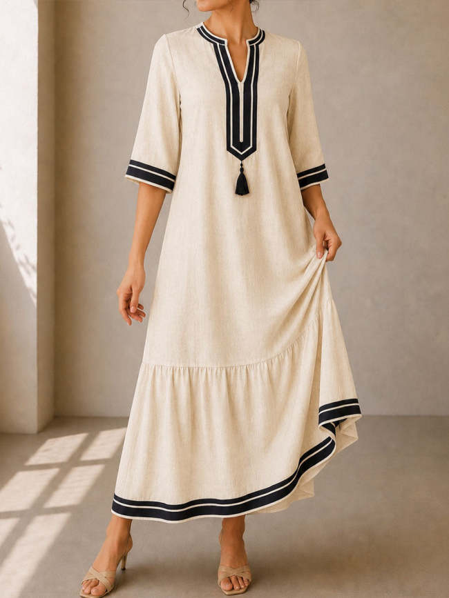 Women's V-neck 3/4-sleeve Casual Loose-fit Cotton-linen Dress