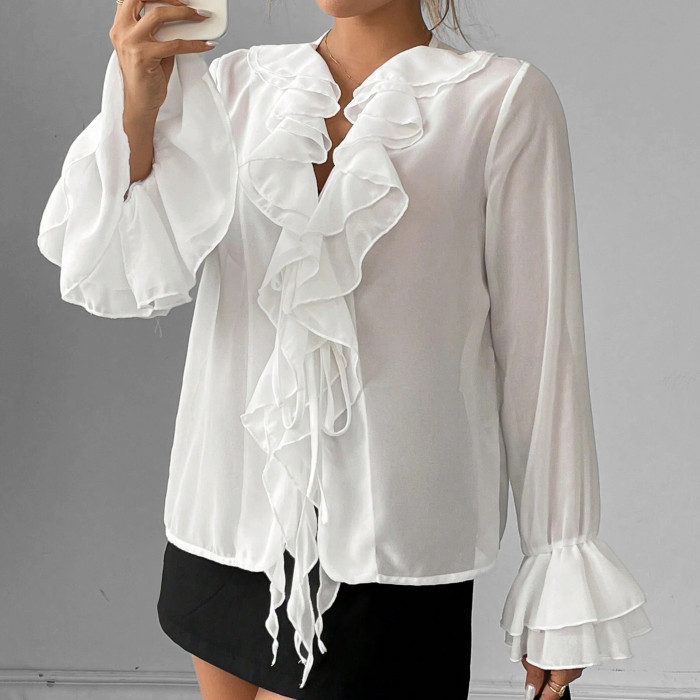 Women's Elegant V Neck Layered Ruffle Flare Sleeve Blouse
