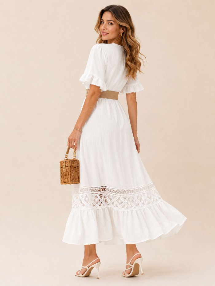 Perfect For A Beach Vacation — 2026 Spring Summer Pure White Deep V-Neck Lace Maxi Dress(No Belt)