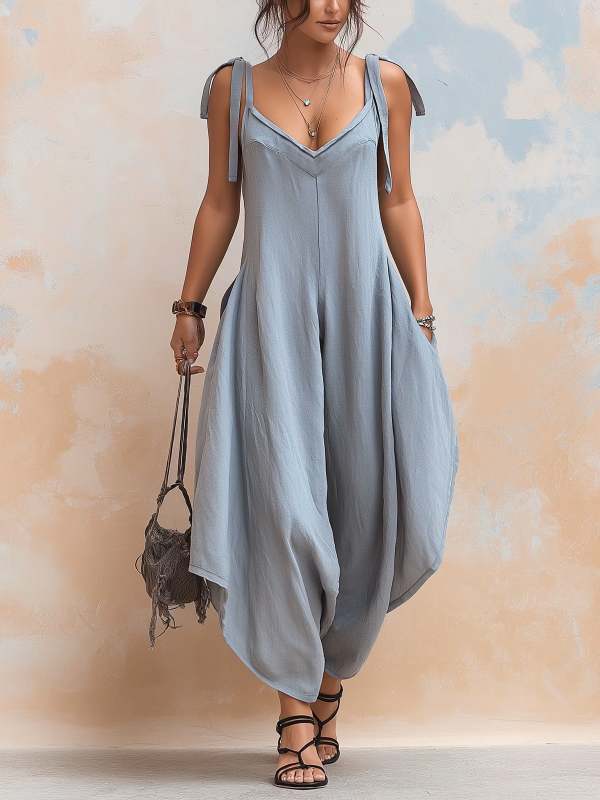 Casual Linen And Cotton Strappy Jumpsuit
