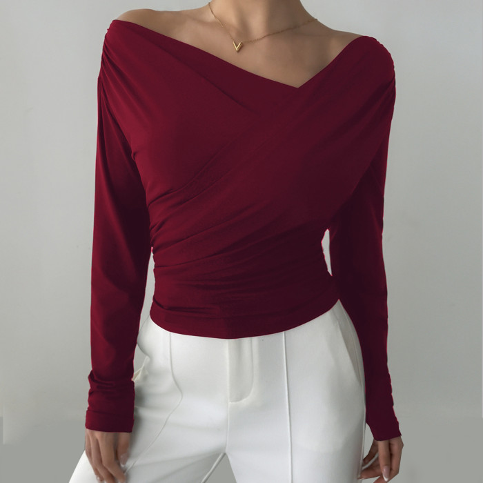 Women's Oblique Collar Cross Front Long Sleeve Wrap Top