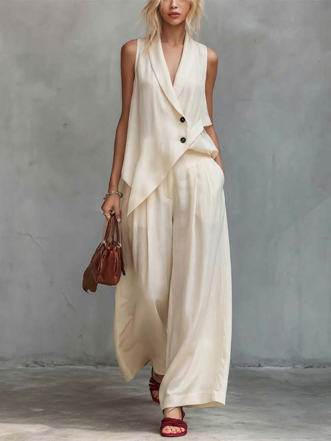 Two-piece Set: Sleeveless Collared Asymmetric Vest + High-waisted Pleated Wide-leg Trousers.