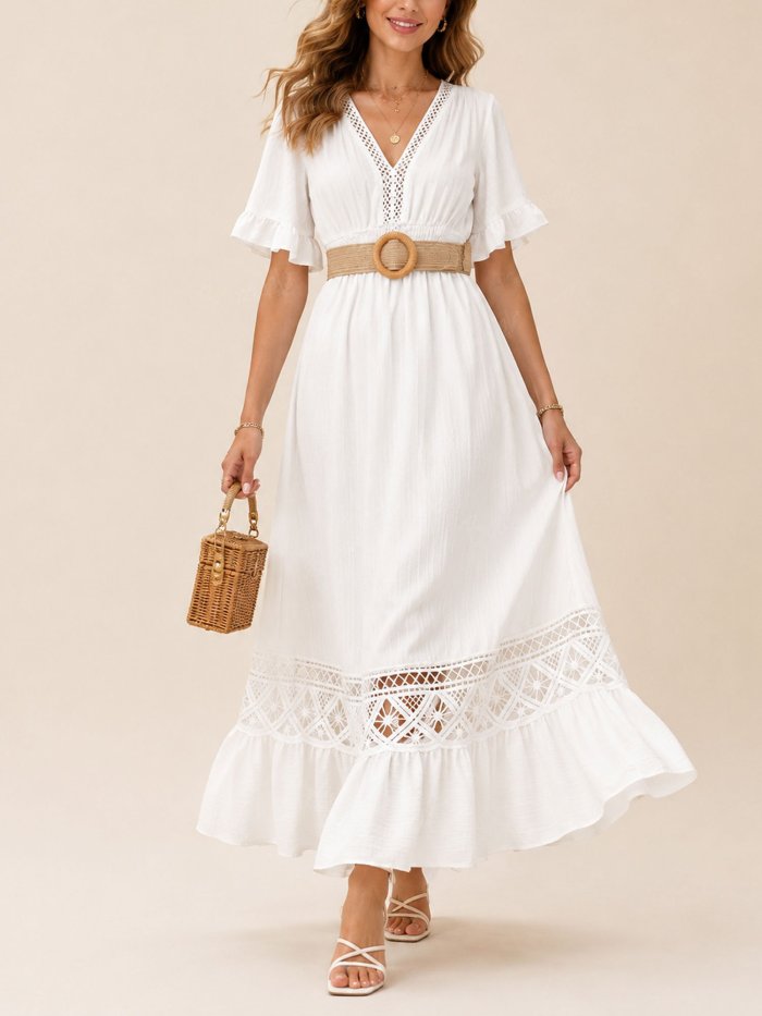 Perfect For A Beach Vacation — 2026 Spring Summer Pure White Deep V-Neck Lace Maxi Dress(No Belt)