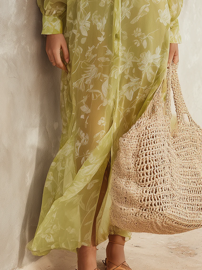 Vacation Green Sheer Floral Print Shirt Maxi Dress(with scarf)