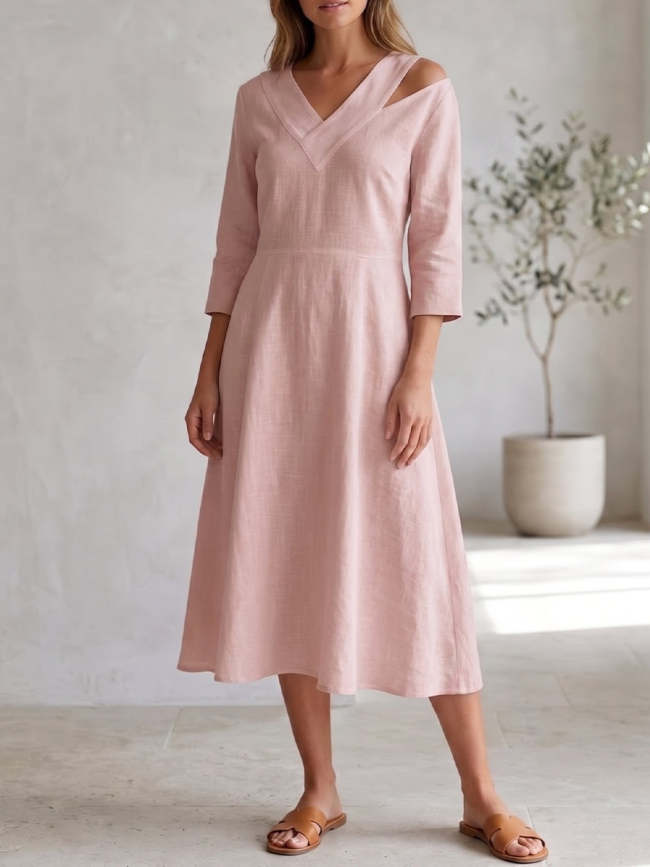 Stylish Casual V-neck Linen And Cotton Dress
