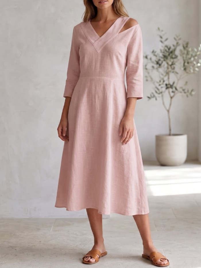 Stylish Casual V-neck Linen And Cotton Dress