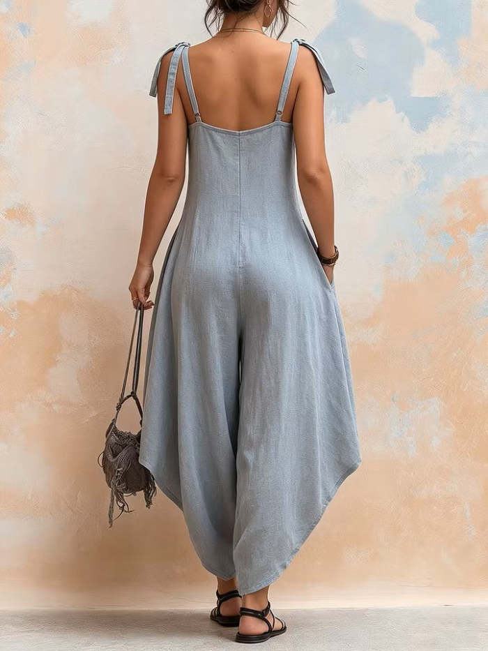 Casual Linen And Cotton Strappy Jumpsuit