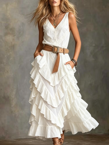 Women's V-Neck White Tiered Ruffle Maxi Dress