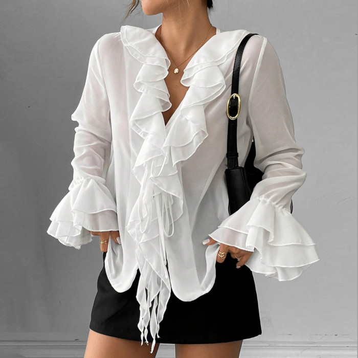 Women's Elegant V Neck Layered Ruffle Flare Sleeve Blouse