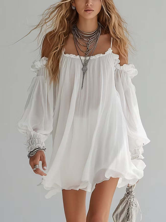 Flowing Bohemian Style Off The Shoulder Mini Dress