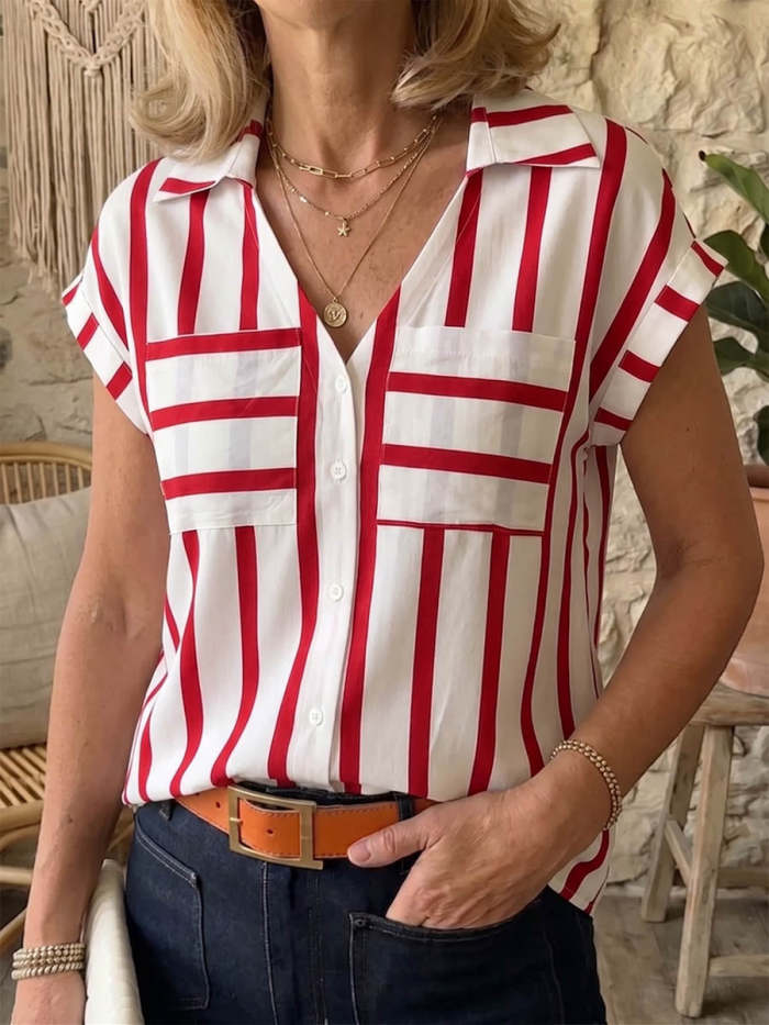 Women's Striped V-neck Short-sleeve Casual Loose Cotton-linen Shirt