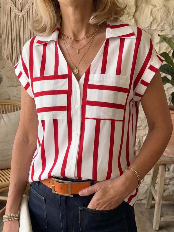 Women's Striped V-neck Short-sleeve Casual Loose Cotton-linen Shirt