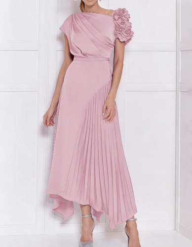 Blush Pink Satin 3D Floral Asymmetrical Midi Dress