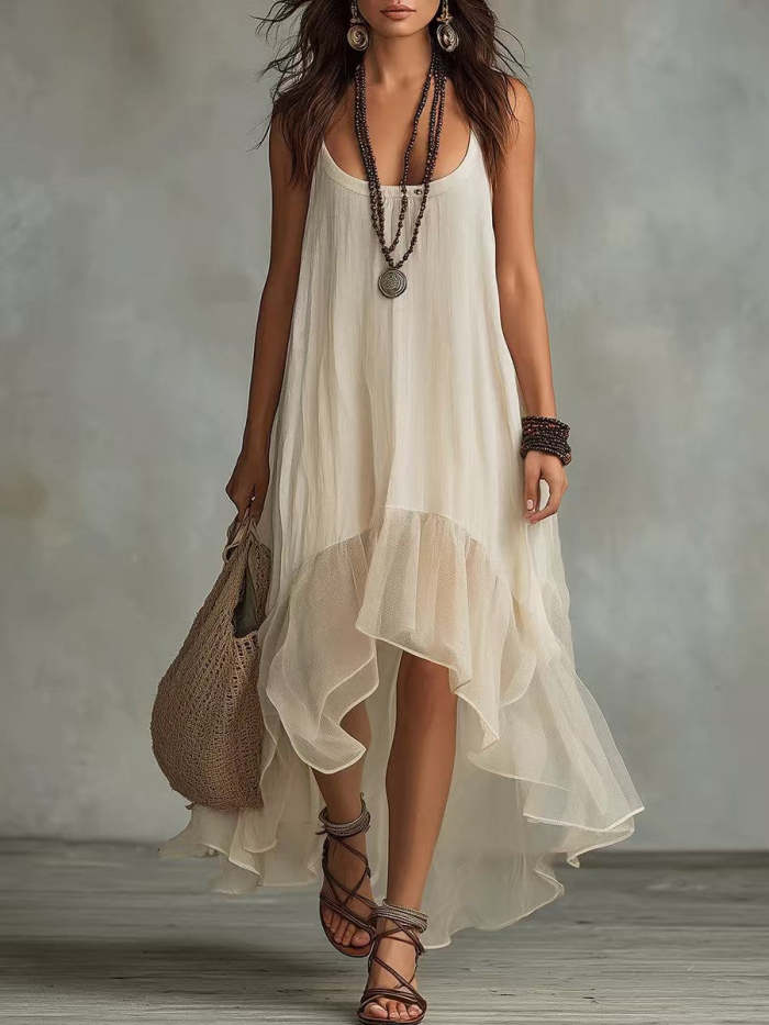 Women's U-neck Sleeveless Spaghetti-strap Asymmetrical Dress