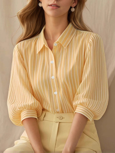 Women's Striped 3/4-sleeve Puff-sleeve Lapel Collared Shirt