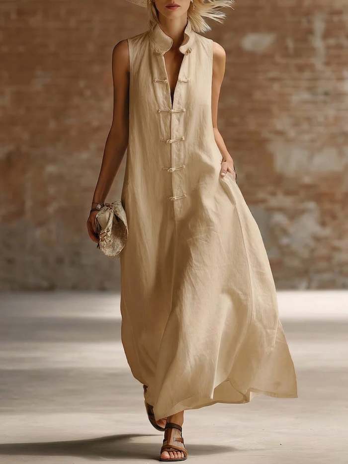 Stylish Stand-up Collar Frog Buttons Loose Linen-cotton Maxi Dress