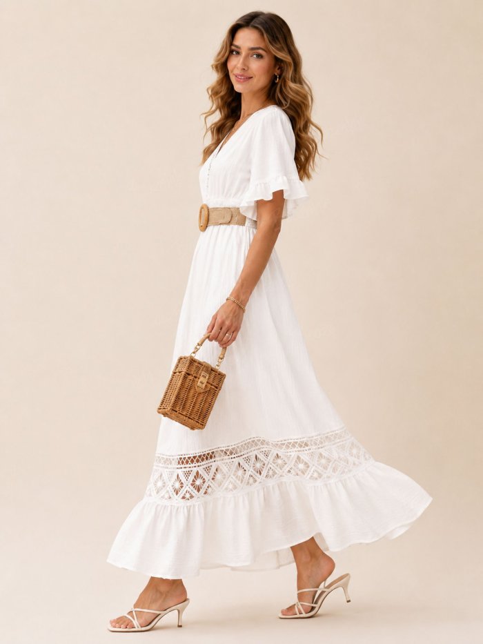 Perfect For A Beach Vacation — 2026 Spring Summer Pure White Deep V-Neck Lace Maxi Dress(No Belt)